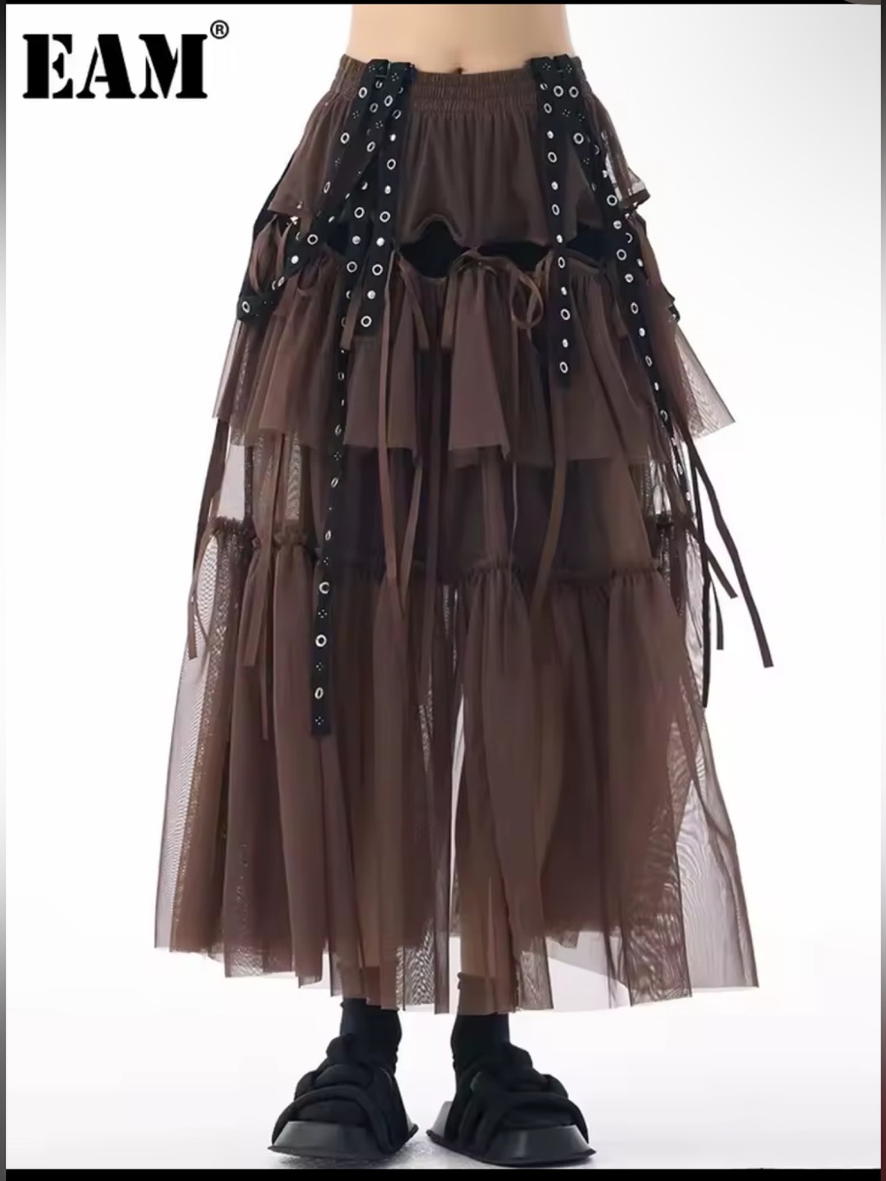 [EAM] High Waist Coffee Mesh Layered Grommet Tulle Skirt